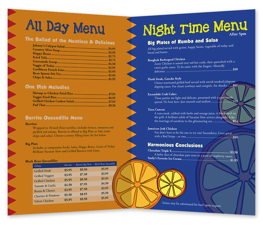 johnny mango menu design inner spread